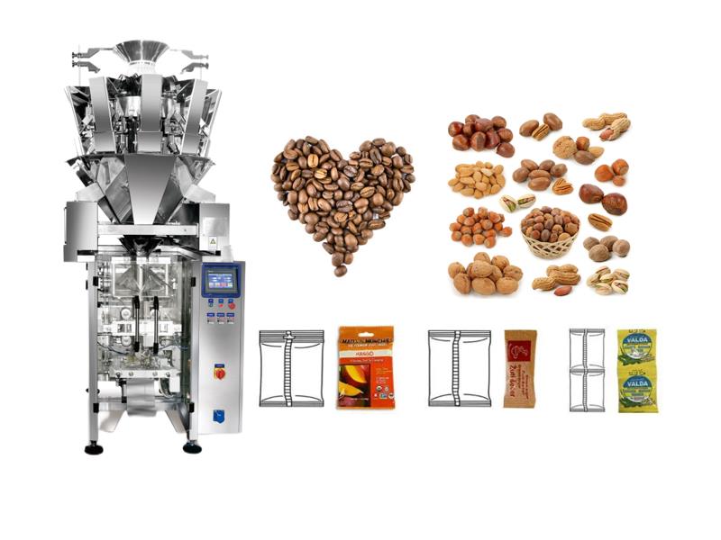 Vertical form fill and seal pounch packaging machines for nuts grain